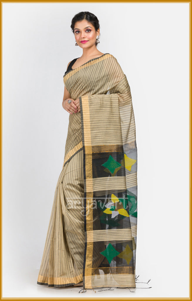 Snuff saree with vertical stripes & Handwoven Jamdani Pallu
