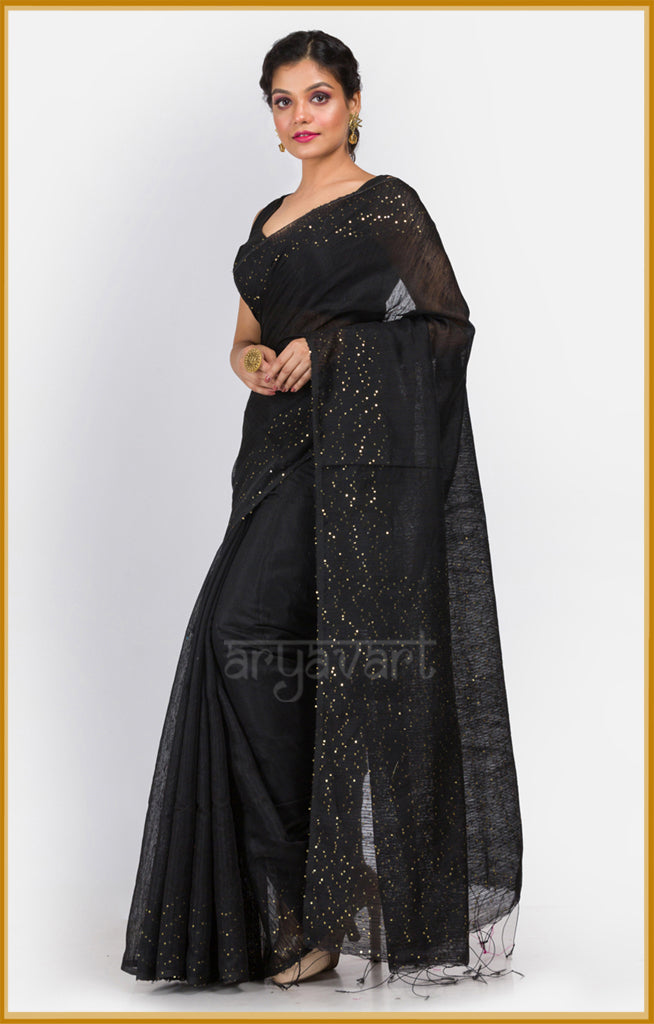 Striking black Matka silk saree with woven in sequence