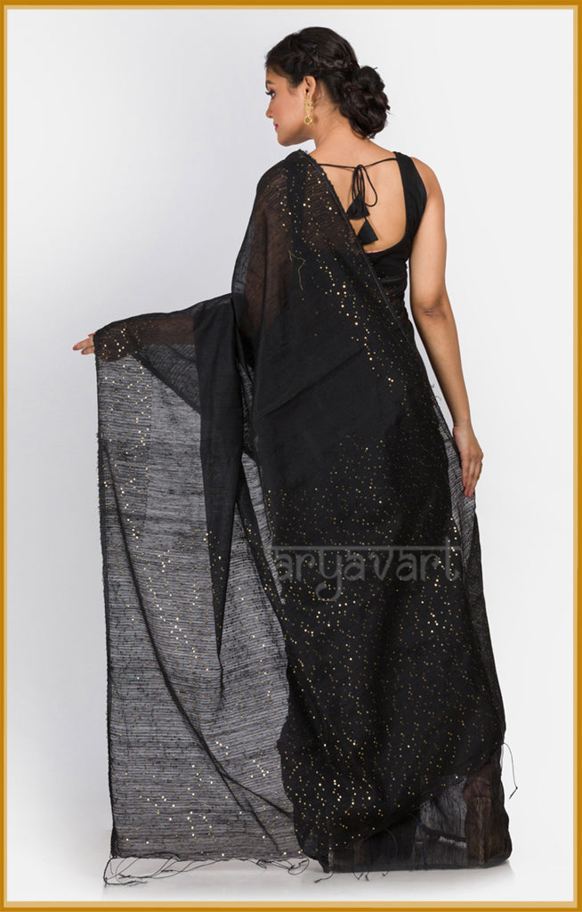 Striking black Matka silk saree with woven in sequence