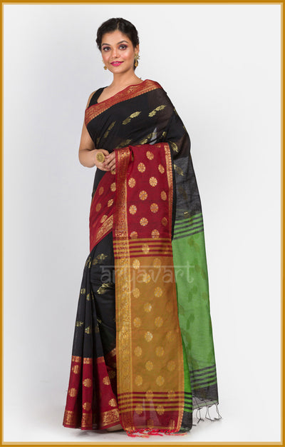 Black saree with Maroon border and woven motifs