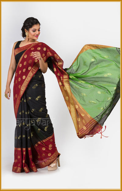 Black saree with Maroon border and woven motifs