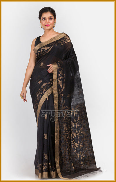 Black Matka Silk Saree with Zari Jamdani Design