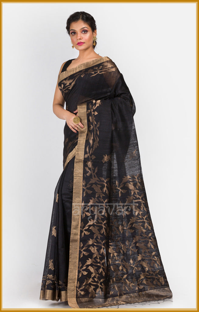 Black Matka Silk Saree with Zari Jamdani Design