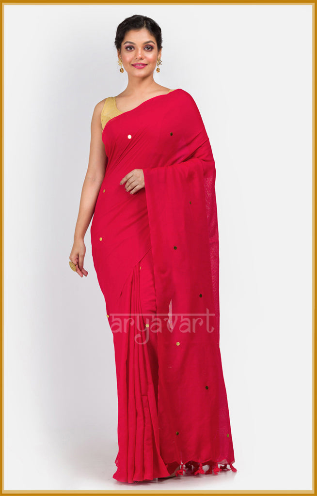 Red Cotton Saree with Sparkling Sequence