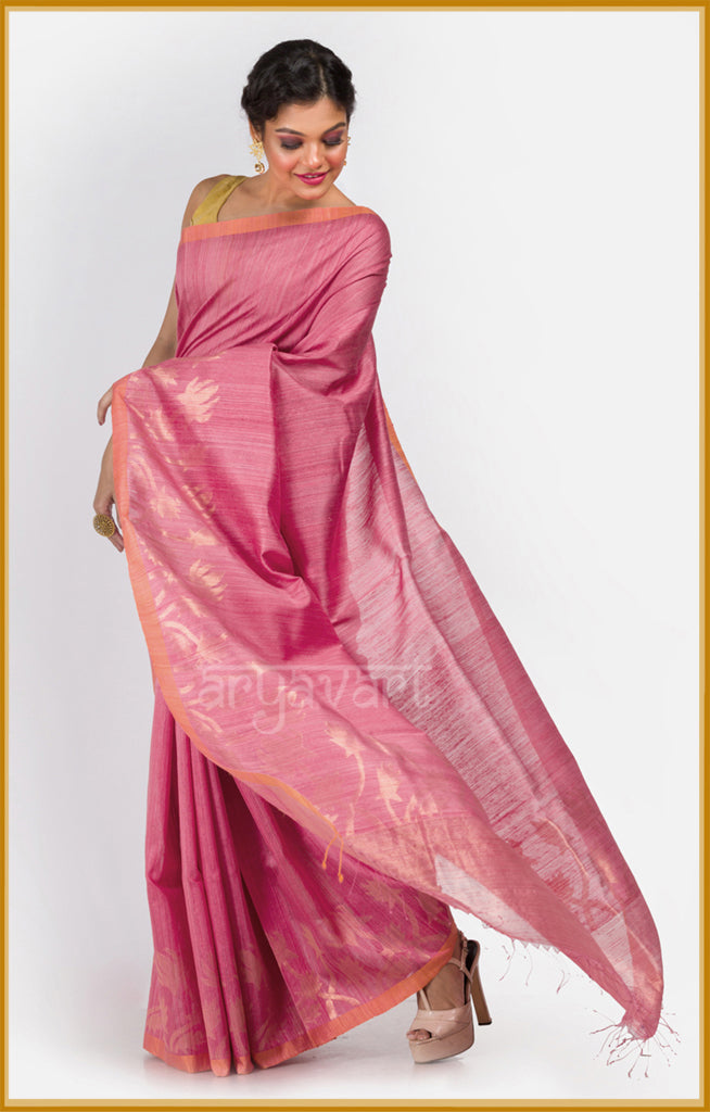 Rose Pink Matka Silk Saree with Lotus Zari Jamdani Design