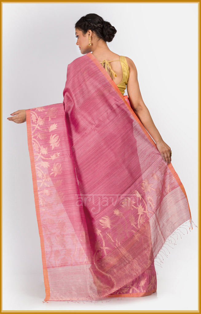 Rose Pink Matka Silk Saree with Lotus Zari Jamdani Design
