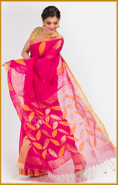 Tomato Red Saree with jamdani handwoven petal design & woven in sequence