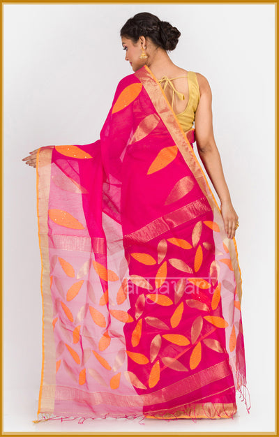 Tomato Red Saree with jamdani handwoven petal design & woven in sequence