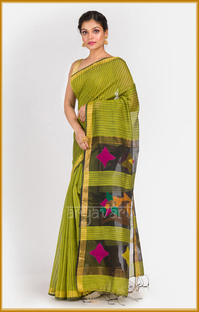 Sage Green saree with vertical stripes & Handwoven Jamdani Pallu
