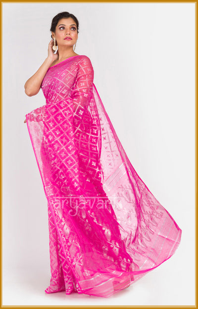 Rose Pink Jamdani Saree with Stunning Zari Woven Design