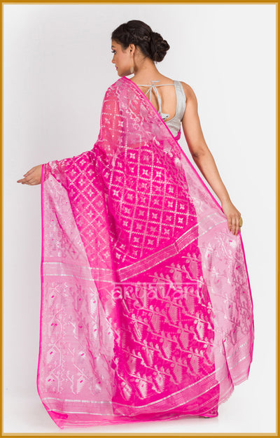 Rose Pink Jamdani Saree with Stunning Zari Woven Design