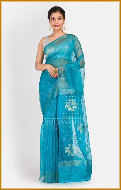 Turquoise Silk Saree With Woven In Sequence & Jamdani Motifs