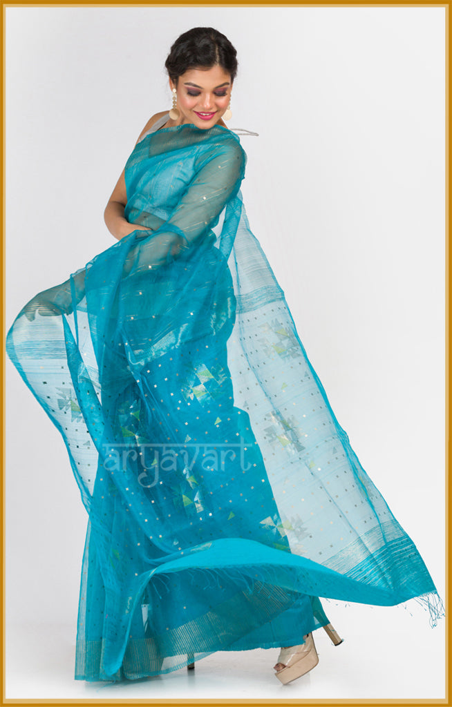 Turquoise Silk Saree With Woven In Sequence & Jamdani Motifs