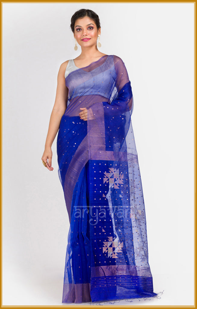 Royal Blue Silk Saree With Woven In Sequence & Jamdani Motifs