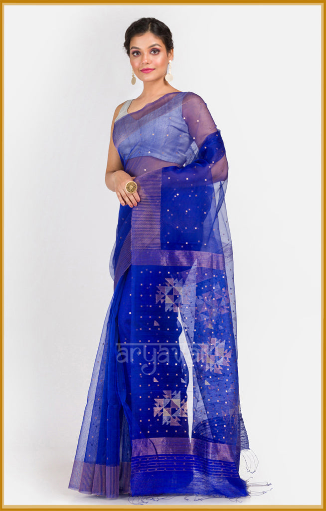 Royal Blue Silk Saree With Woven In Sequence & Jamdani Motifs