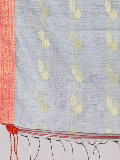 Steel grey saree with Red border and woven motifs