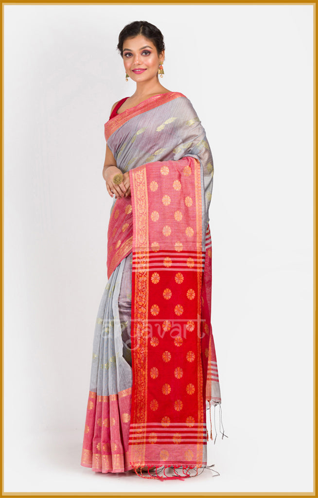 Trendy Grey Banarasi Silk Saree With Stylish Red Blouse