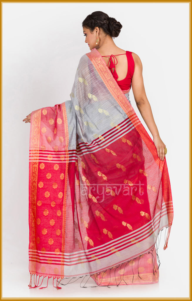Steel grey saree with Red border and woven motifs