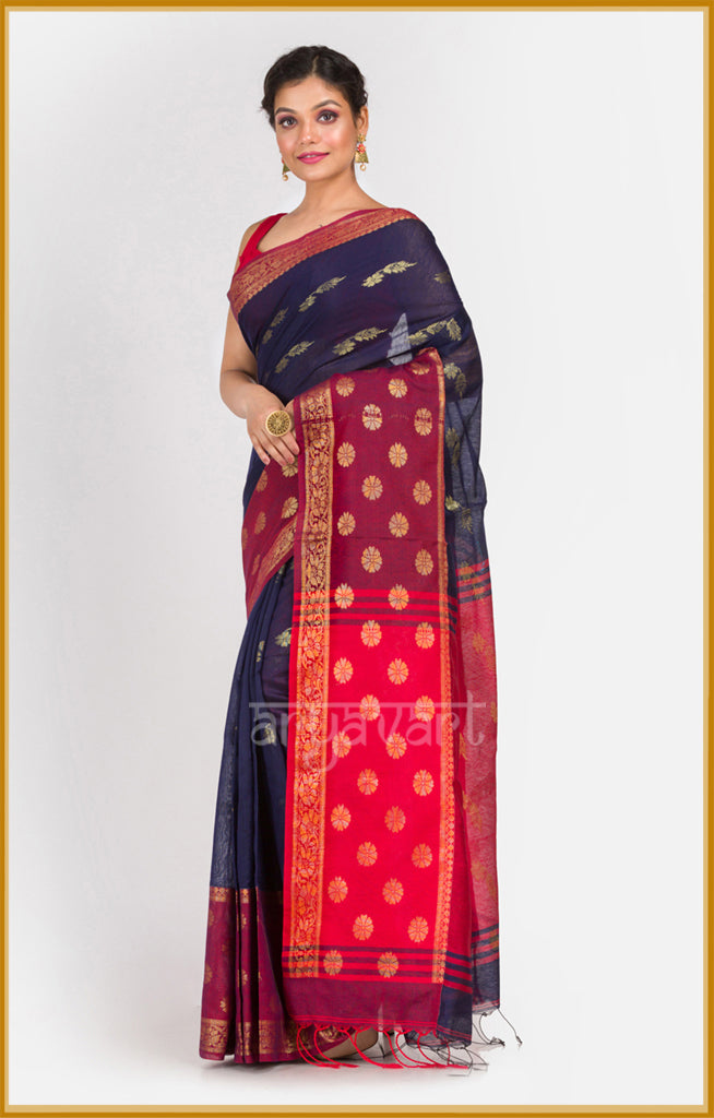 Midnight Blue saree with red border and woven motifs