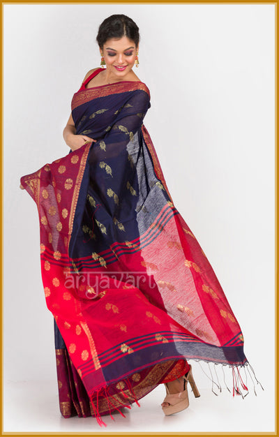 Midnight Blue saree with red border and woven motifs