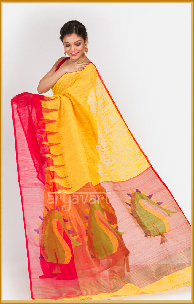 Yellow Matka silk saree with red temple border and Jamdani design in pallu