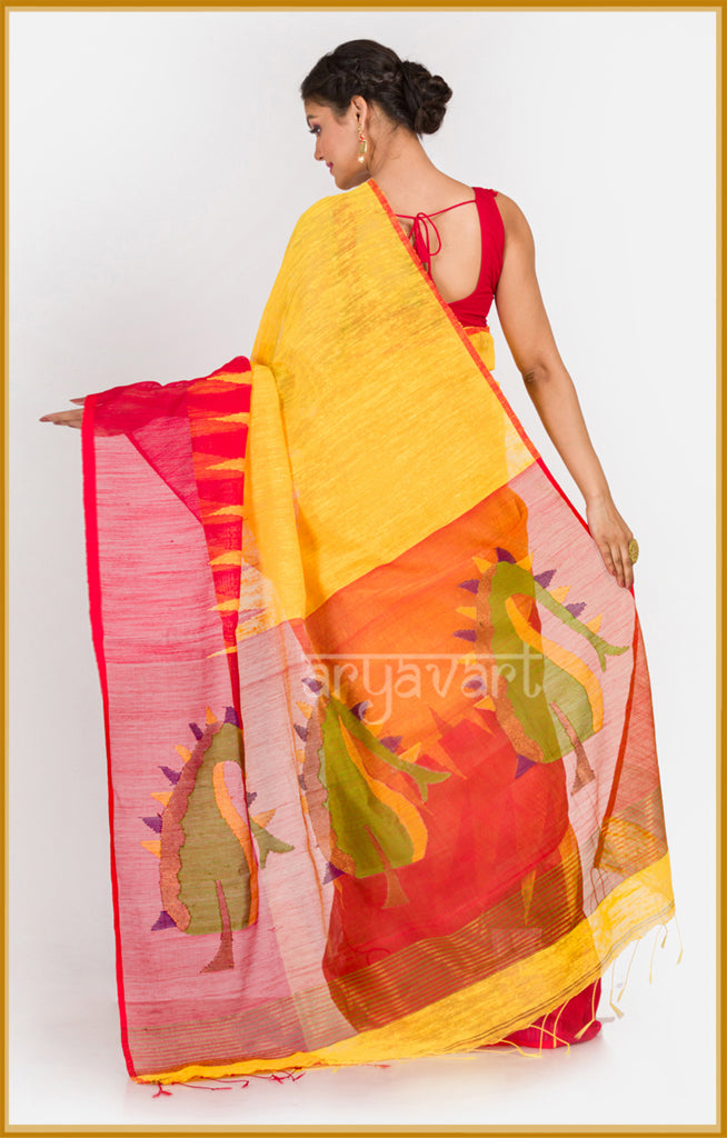 Yellow Matka silk saree with red temple border and Jamdani design in pallu