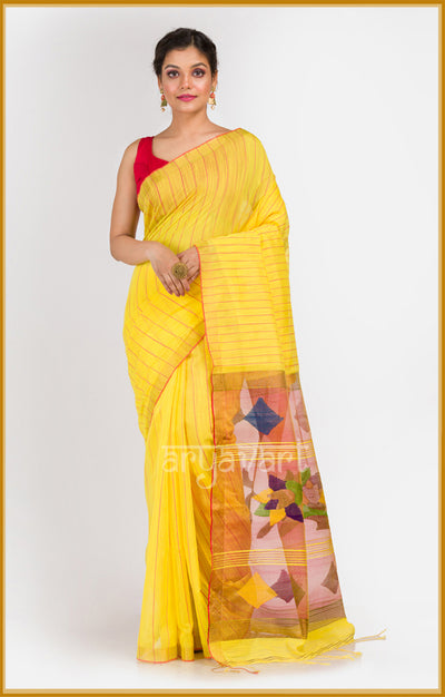 Sunshine yellow saree with vertical stripes & Handwoven Jamdani Pallu