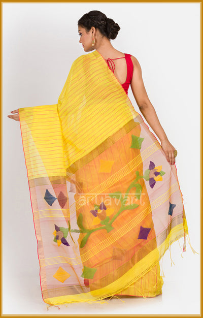 Sunshine yellow saree with vertical stripes & Handwoven Jamdani Pallu