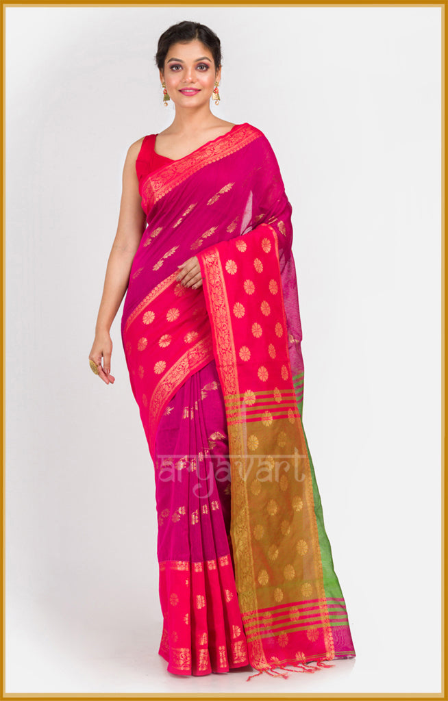 Magenta saree with Red border and woven motifs