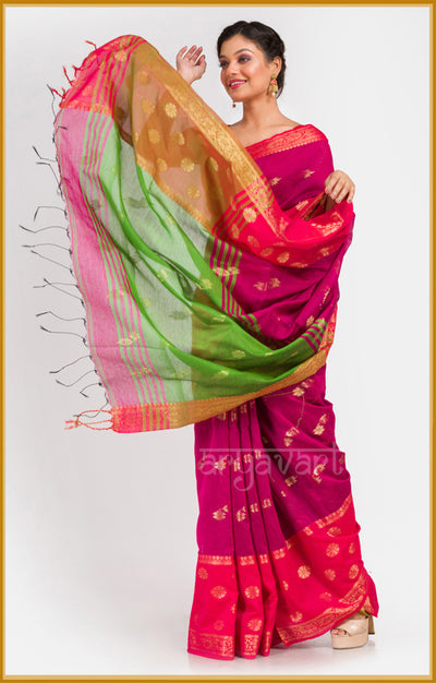 Magenta saree with Red border and woven motifs