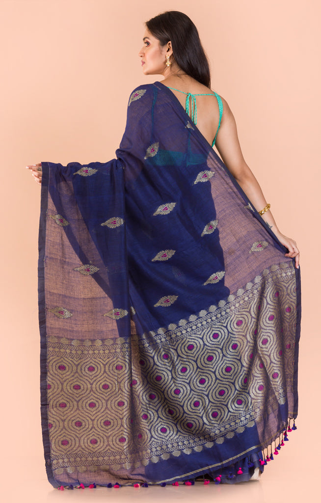 Midnight Blue Linen Saree with woven Jamdani design