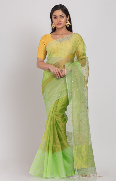 Stunning Green Silk Saree With Woven Sequence