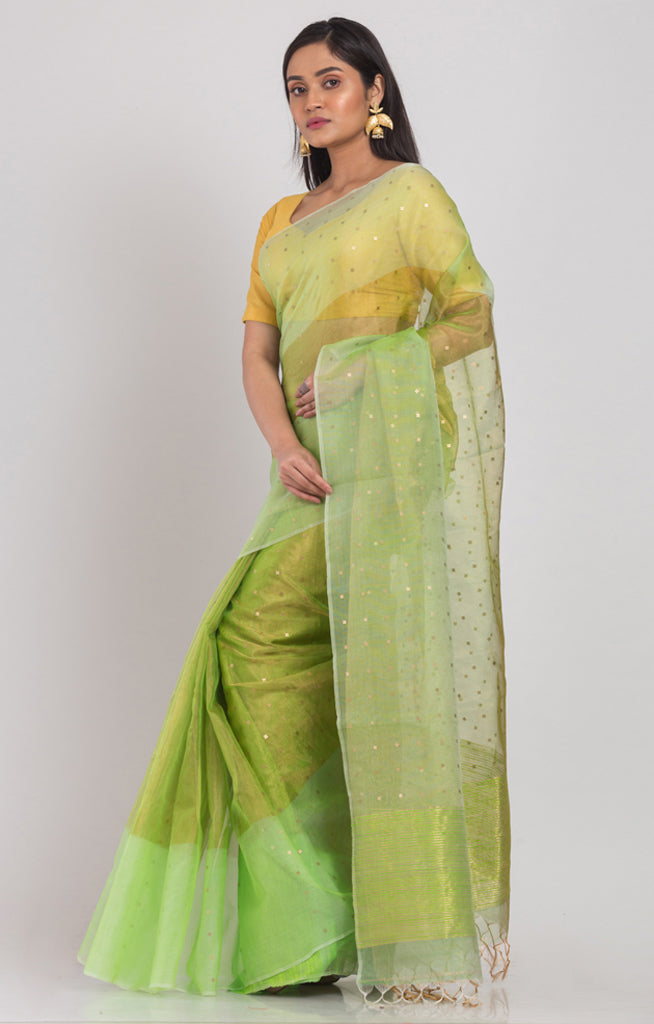 Stunning Green Silk Saree With Woven Sequence