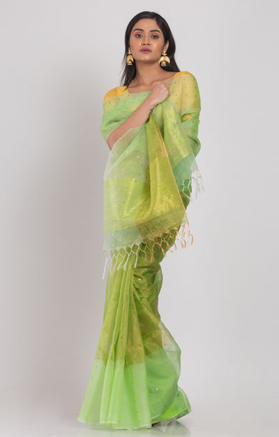 Stunning Green Silk Saree With Woven Sequence