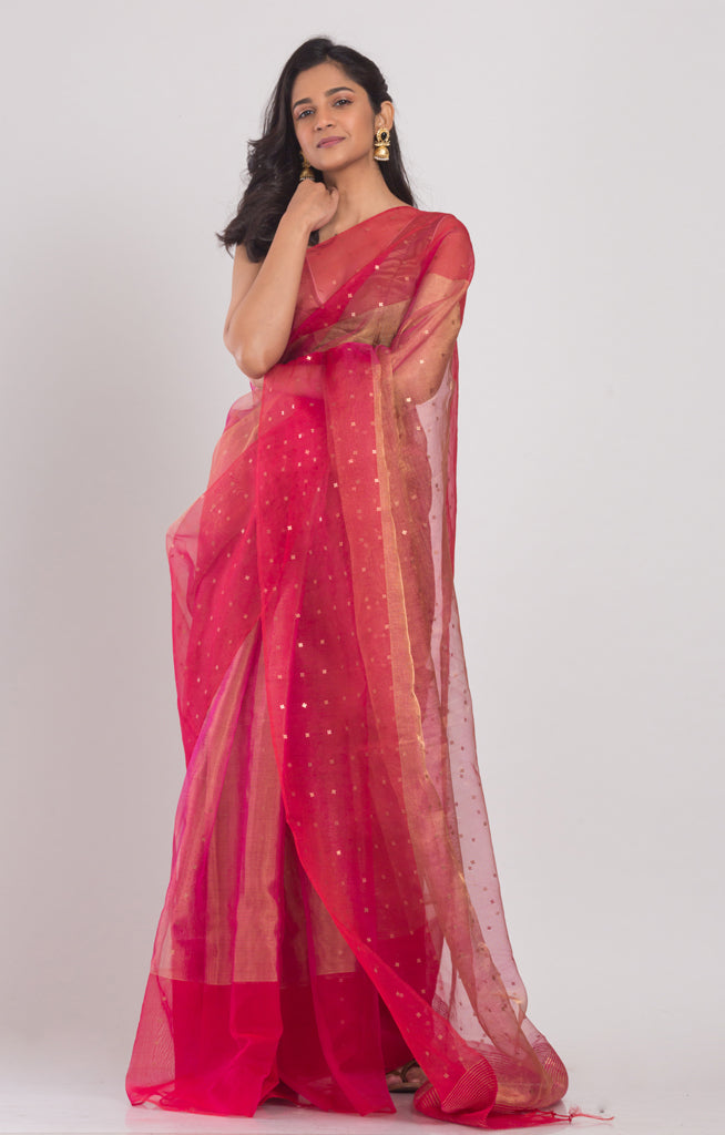 Stunning Silk Saree in Fuchsia & Gold With Woven Sequence