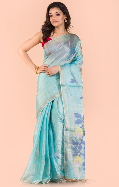 Powder Blue Tussar Silk Saree With Jamdani Work