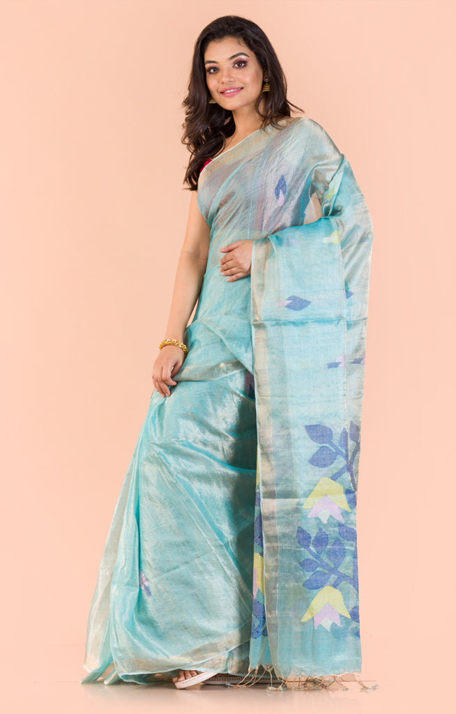Powder Blue Tussar Silk Saree With Jamdani Work