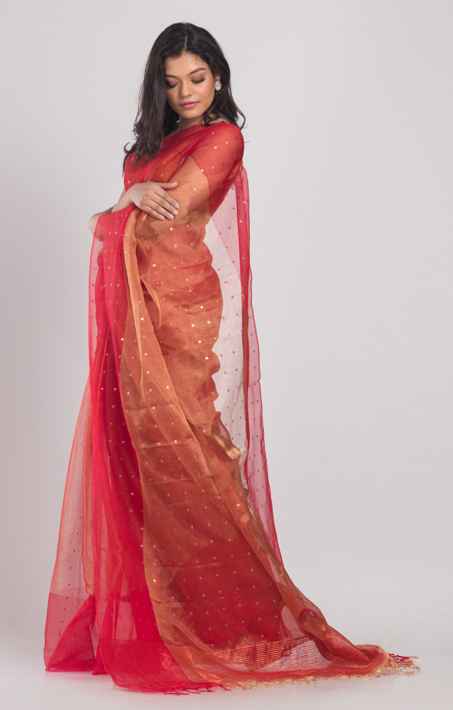 Stunning Silk Saree in Red & Gold With Woven Sequence