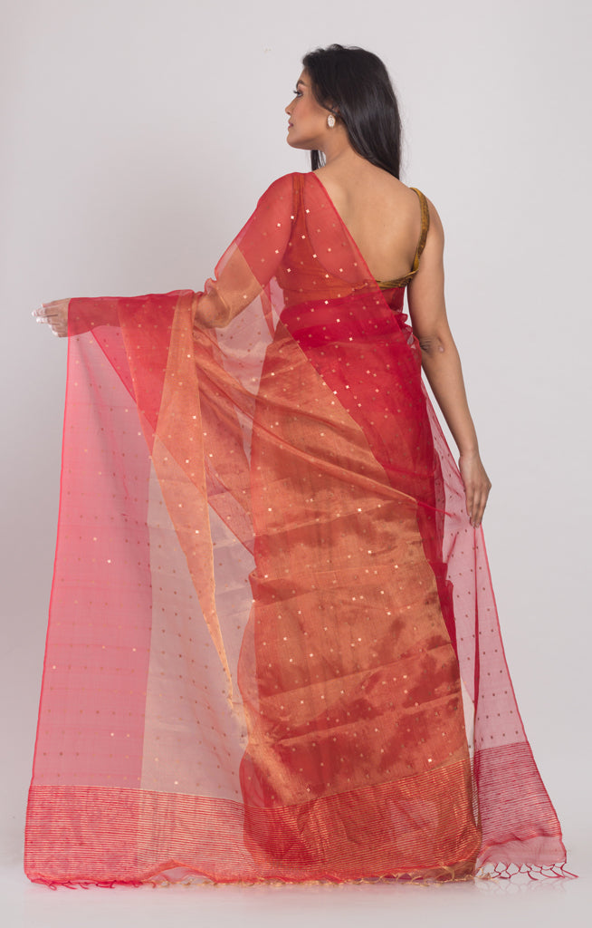 Stunning Silk Saree in Red & Gold With Woven Sequence