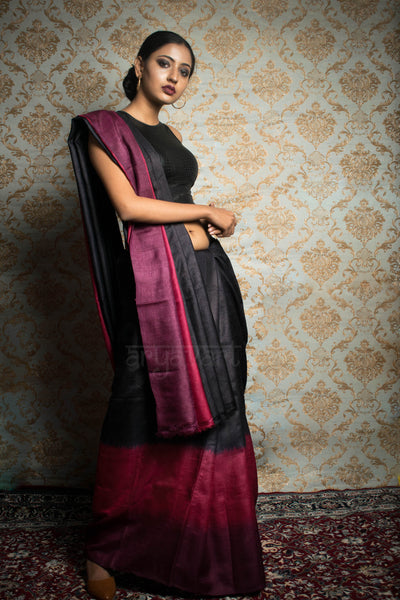 Black Tussar Silk With Tie & Dye Border and Pallu In Shades of Rose