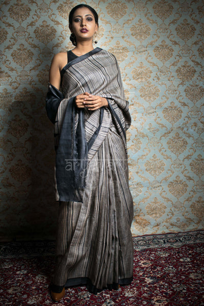 Black Tussar Silk With Stripes Block Print Design