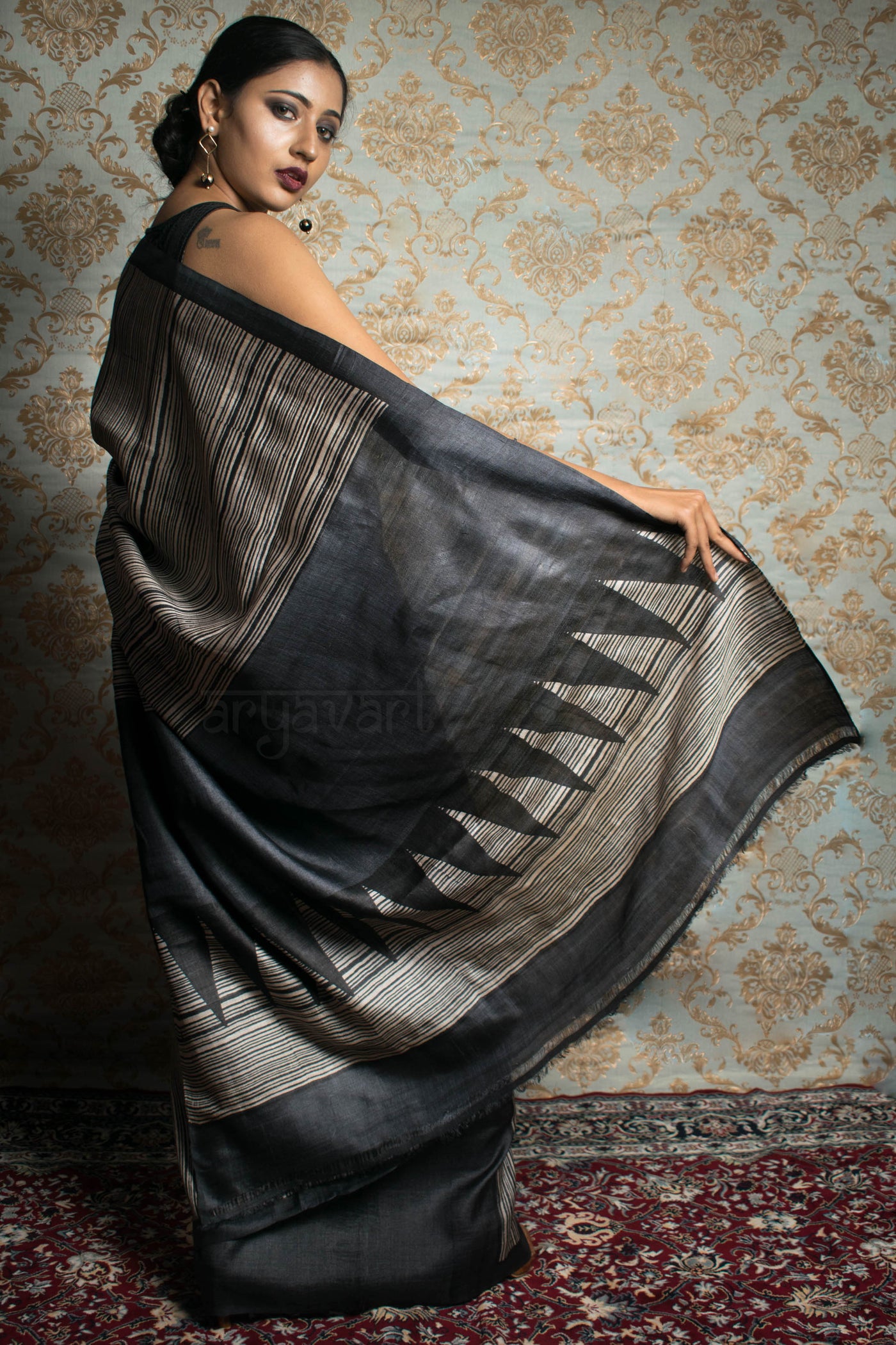 Black Tussar Silk With Stripes Block Print Design