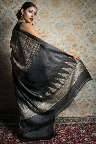 Black Tussar Silk With Stripes Block Print Design