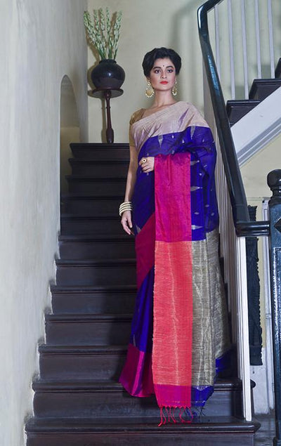 Indigo Blue Cotton Handloom Saree With Dual Tone Border