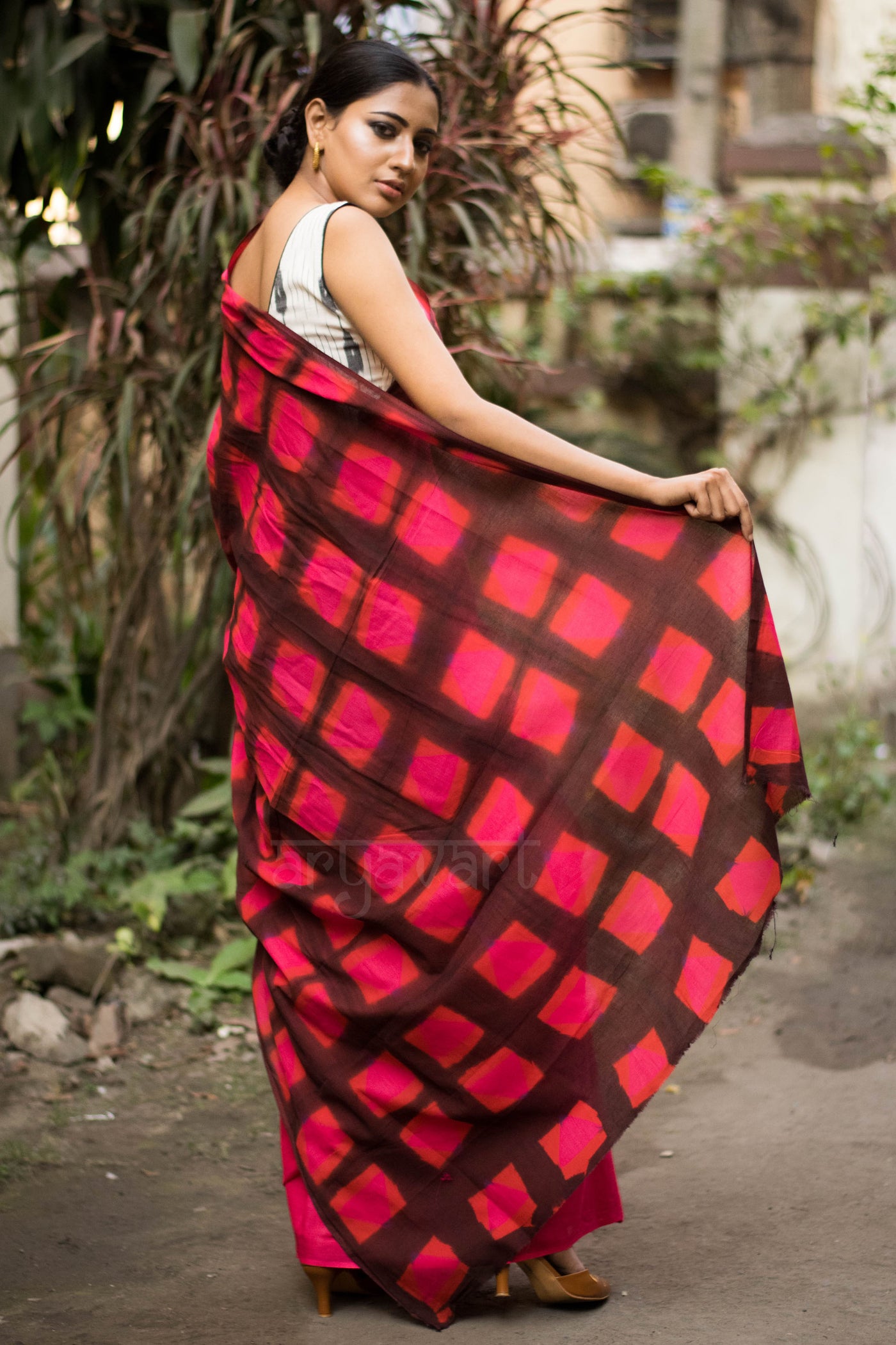 Pink Punch & Brown Camp Dye Cotton Saree