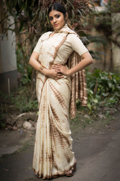 Beige & Brown Shibori Silk Saree