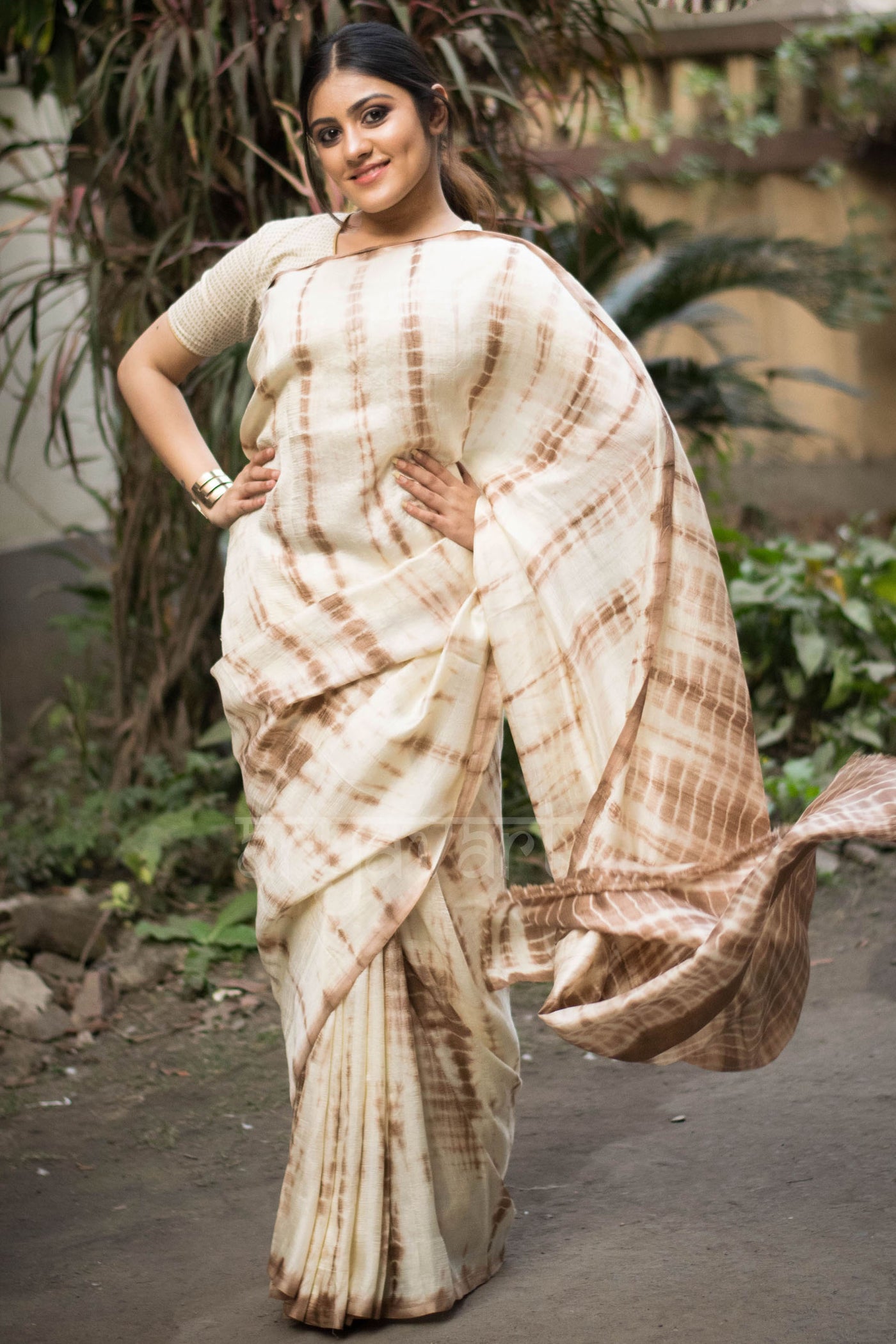 Beige & Brown Shibori Silk Saree