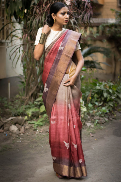Shaded Tussar Silk Saree With Block Print  & Zari Border