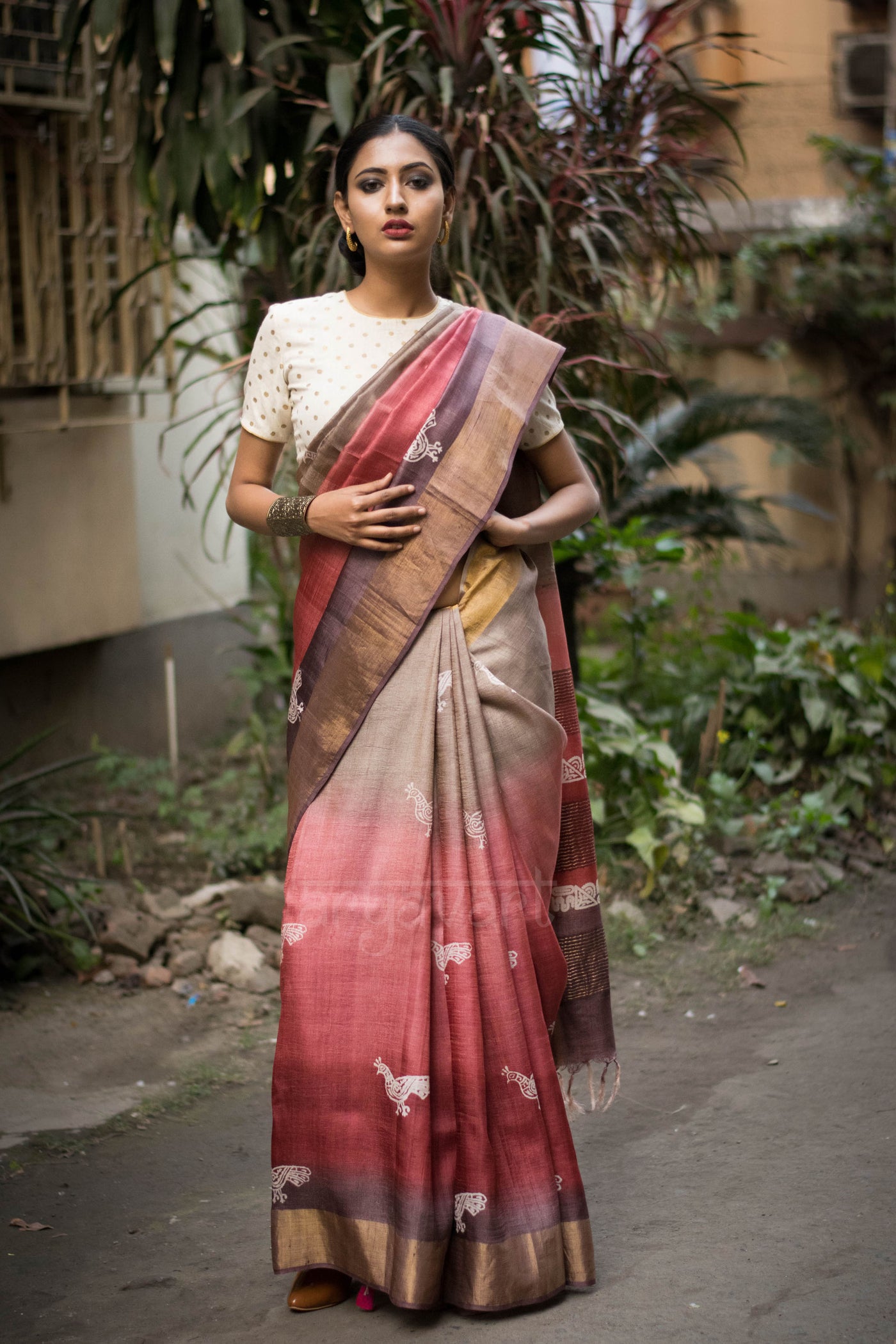 Shaded Tussar Silk Saree With Block Print  & Zari Border