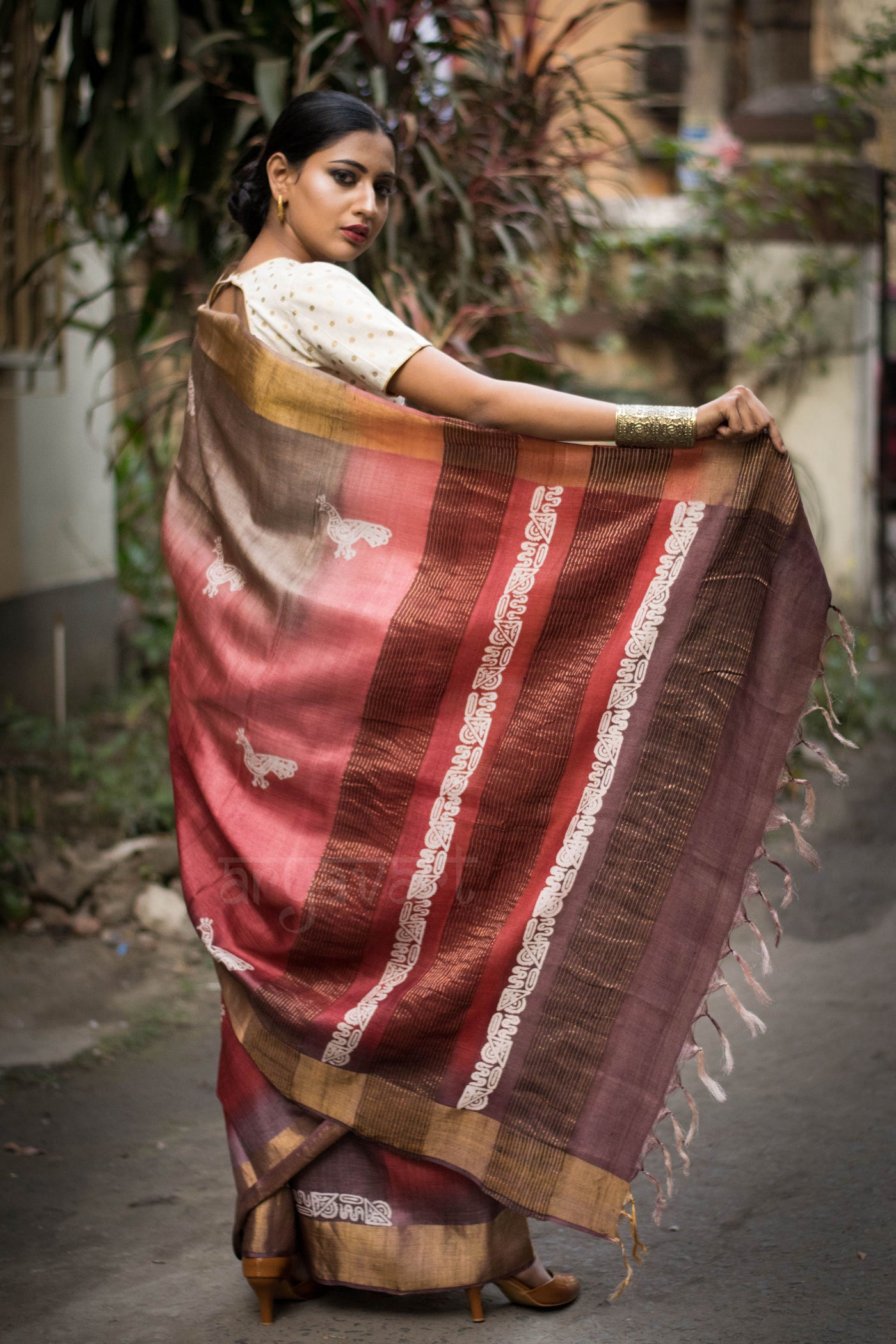 Shaded Tussar Silk Saree With Block Print  & Zari Border
